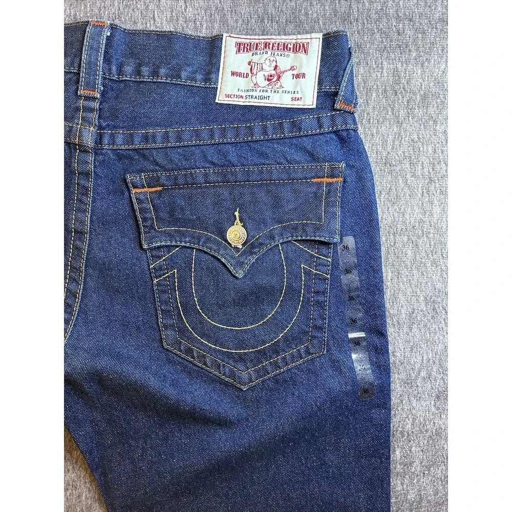 229$ True Religion World Tour Body Rinse Straight Flap Dark Wash Jeans Sz 36x34